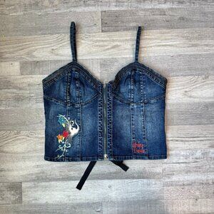 Harley Davidson Denim Embroidered Corset Tank Front Zip H13